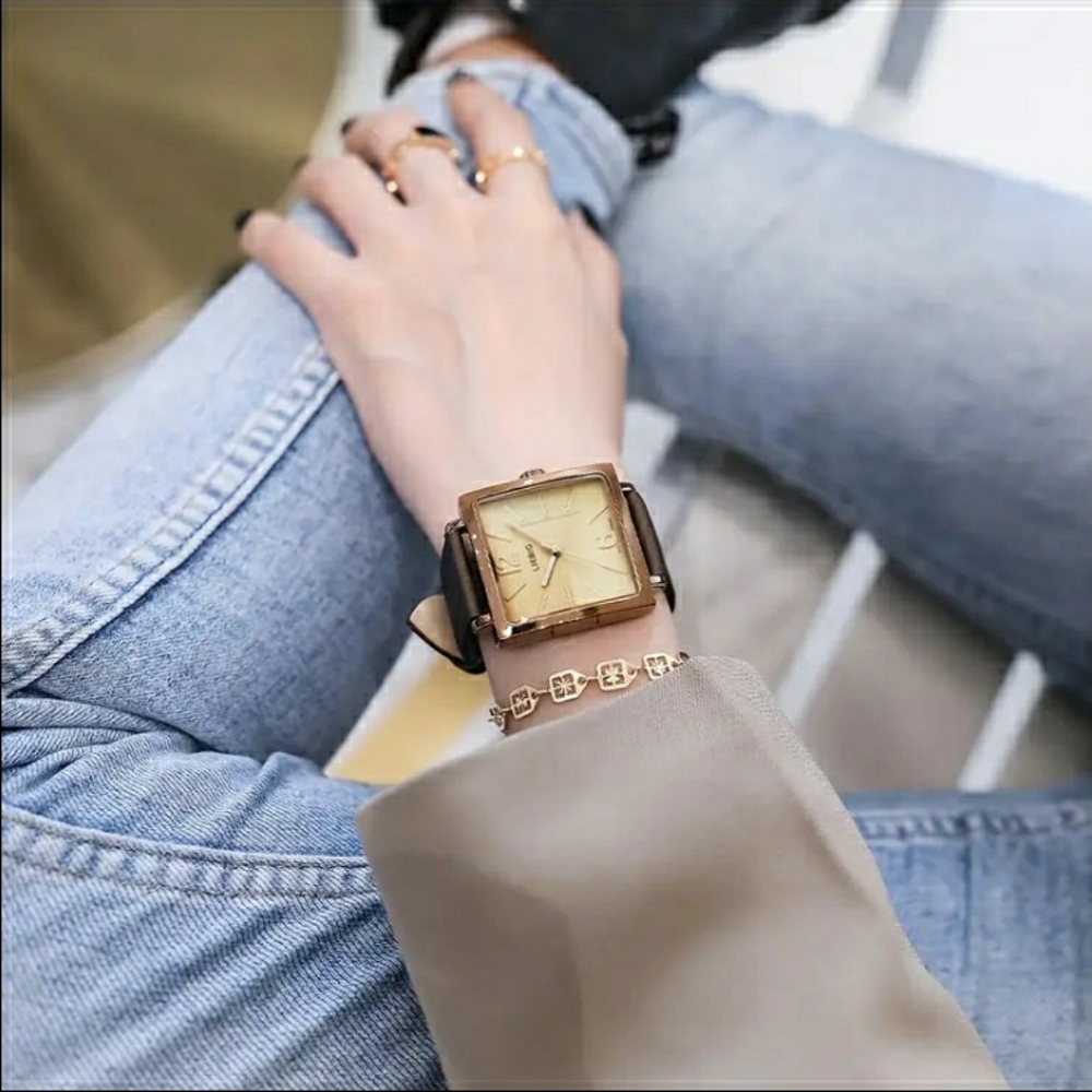 NEW! Golden Coffee Square Quartz Watch with Brown Leather Strap - Picture 3 of 12
